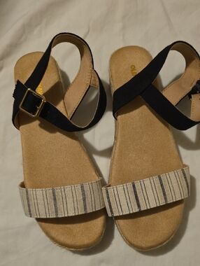 Women's Black and Beige Striped Ankle-Strap Sandals